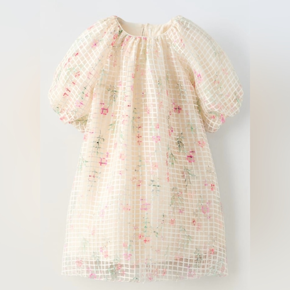NWT: ZARA CHECKERED FLORAL ORGANZA DRESS